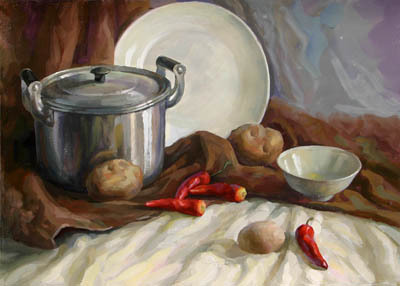 高考水粉画土陶灌,菜板,里面有白水的白瓷碗怎