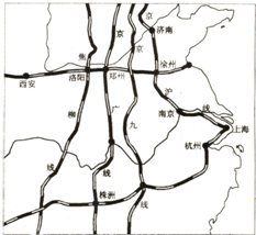 图是中国部分铁路干线图,读图完成9-10题.从上